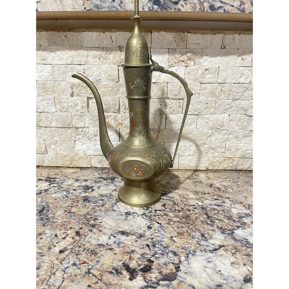 Vintage Brass Teapot Genie Lamp Pitcher Made in India Ornate Etched‎ 9" tall